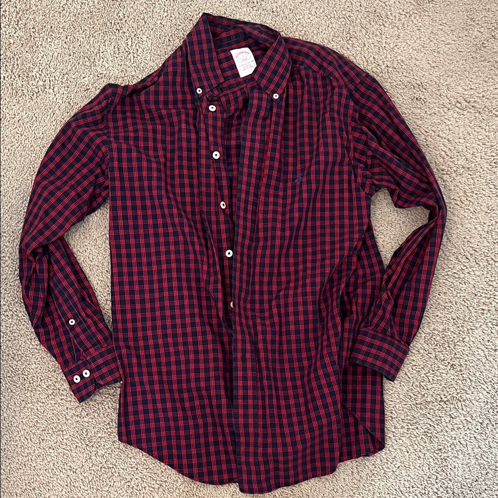 Brooks Brothers Men's Red and Black Checkered Shirt small